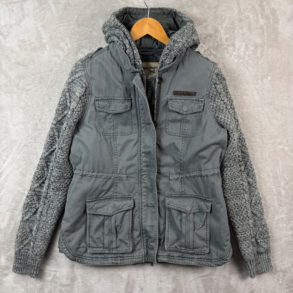 VTG Triple Five Soul Women XL Gray Utility Jacket Knit Sleeves Hooded Cargo Y2K
